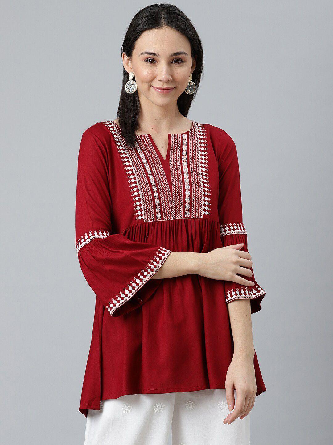libas maroon & white ethnic motifs embroidered v-neck flared sleeves thread work thread work kurti