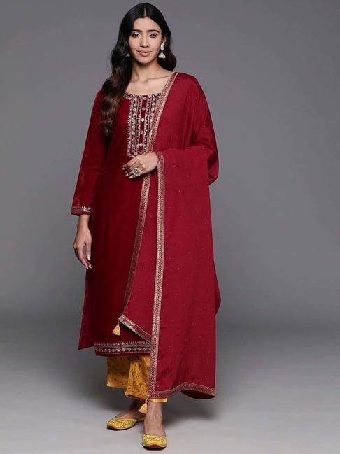 libas maroon & yellow embroidered kurta pant set with dupatta