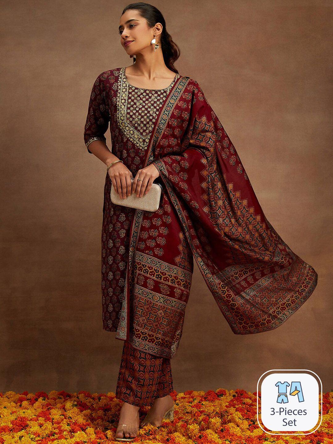 libas maroon floral printed sequinned kurta with trousers & with dupatta