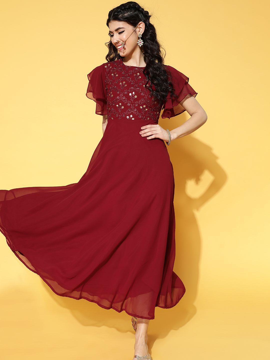 libas maroon yoke embellished ethnic maxi dress