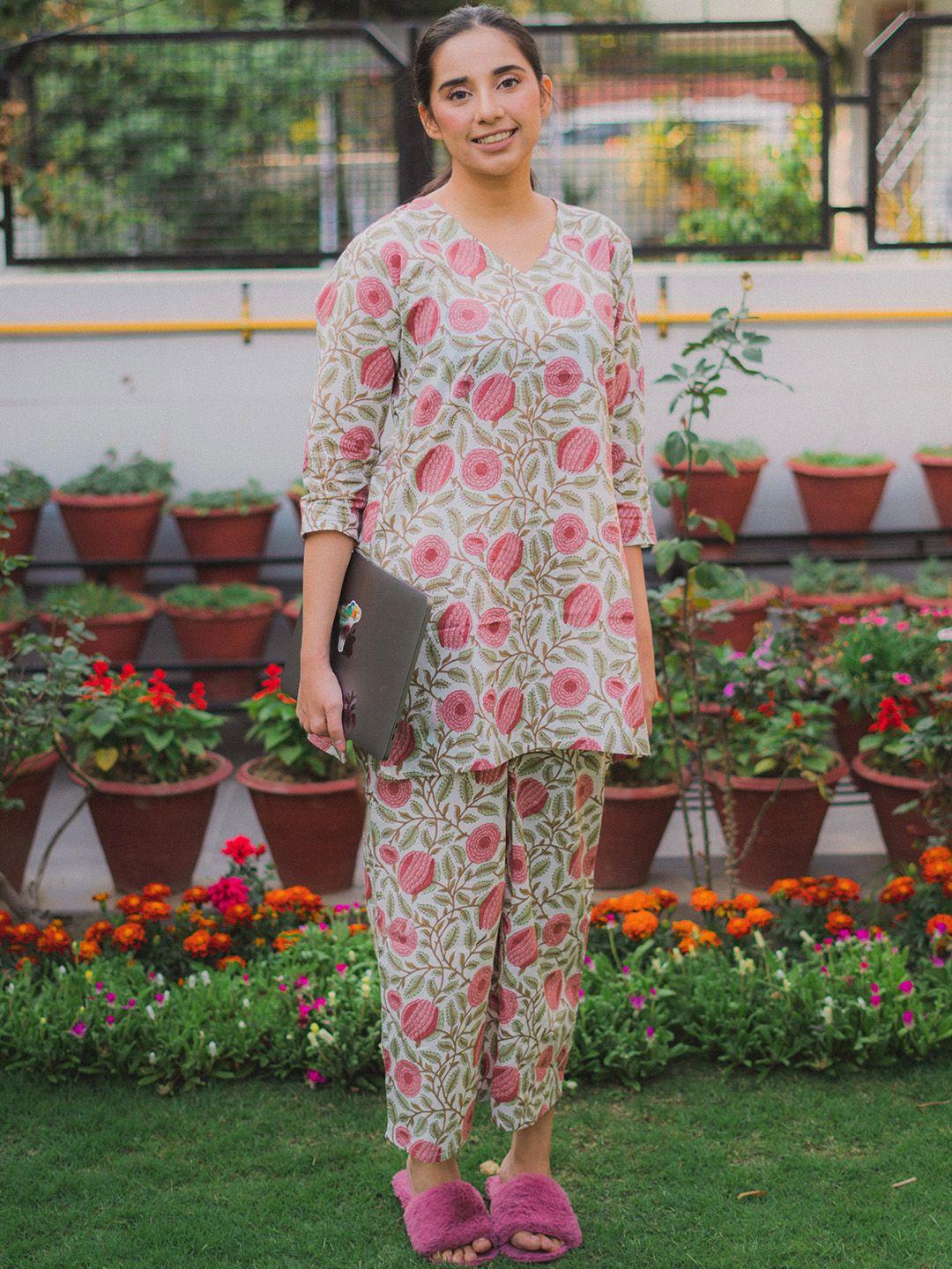 libas multi cotton printed kurti with multi cotton printed pyjamas with both side pocked