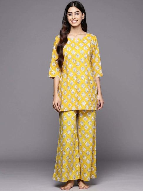 libas mustard cotton printed tunic pyjamas set