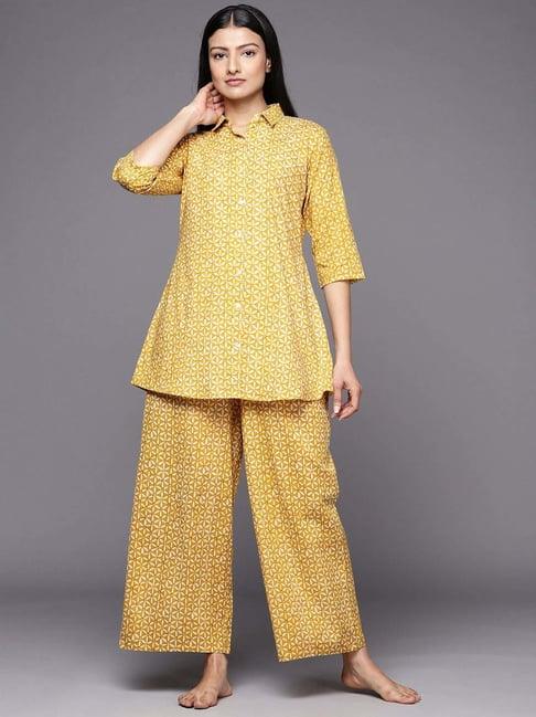 libas mustard cotton printed tunic pyjamas set