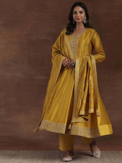 libas mustard embroidered kurta & palazzo set with dupatta