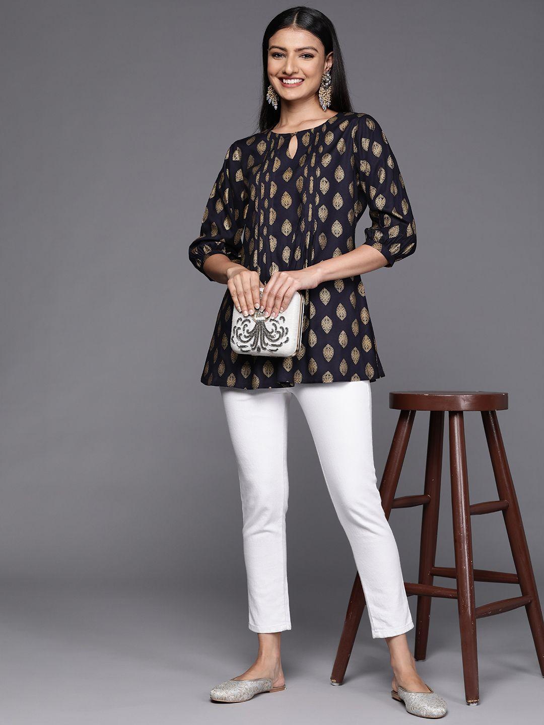 libas navy blue & golden ethnic motifs printed pleated kurti