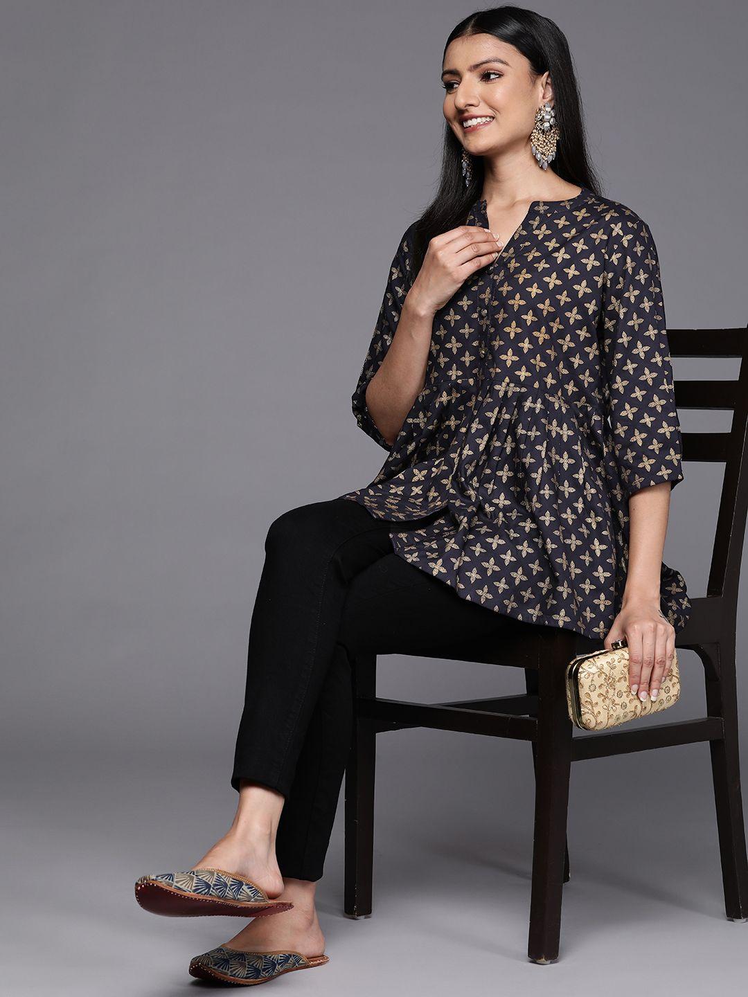 libas navy blue & golden floral printed pleated kurti