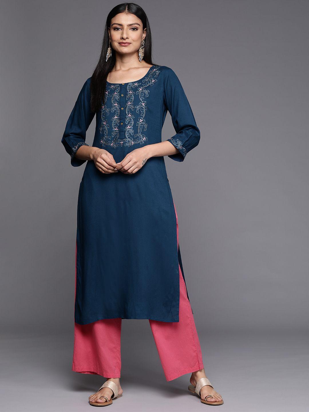 libas navy blue ethnic motifs embroidered work kurta