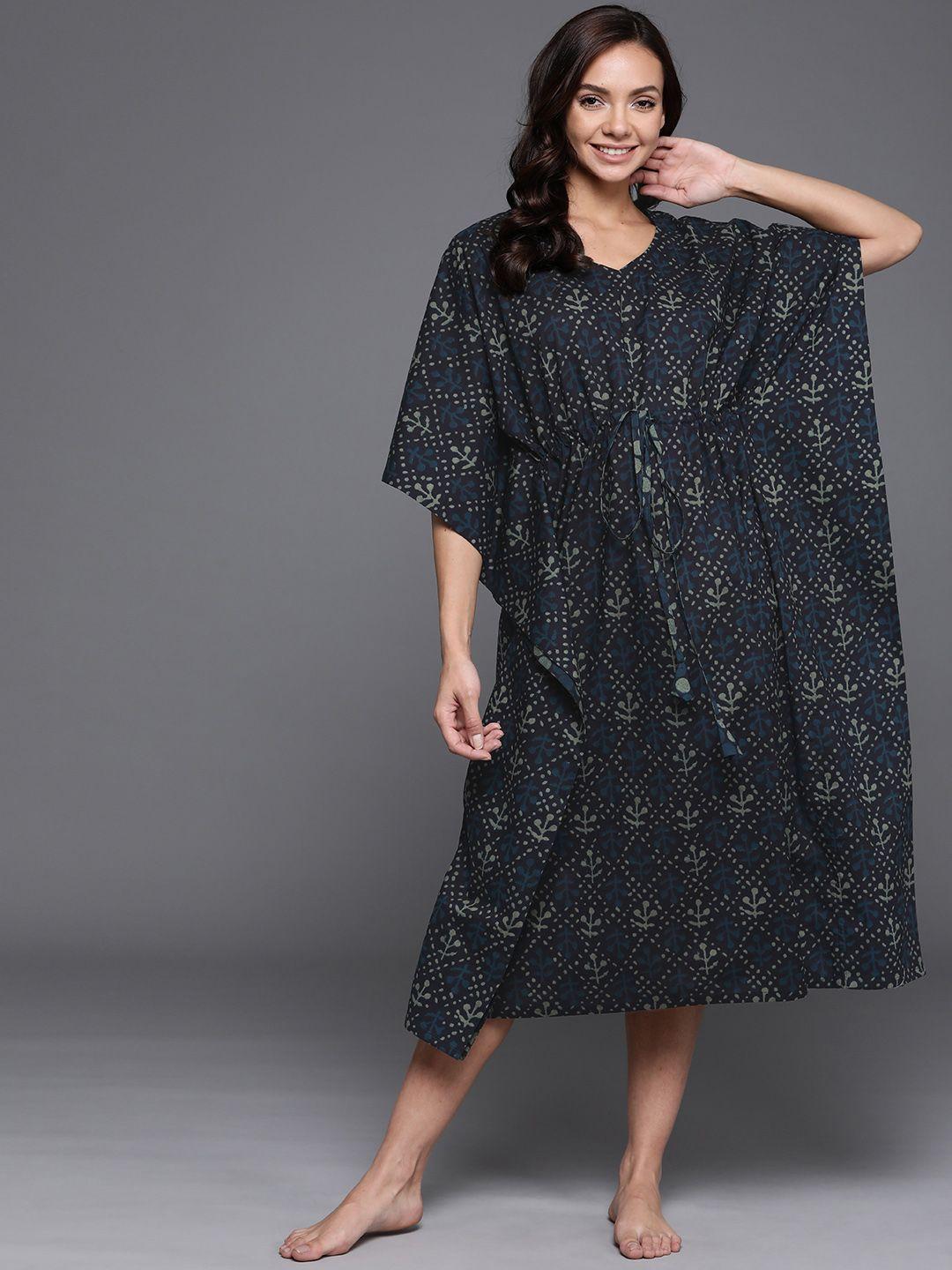 libas navy blue printed cotton maxi kaftan nightdress