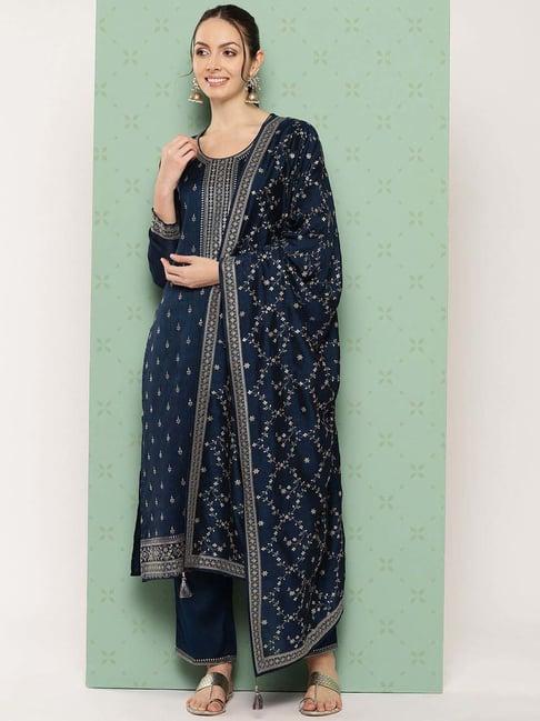 libas navy embroidered kurta pant set with dupatta