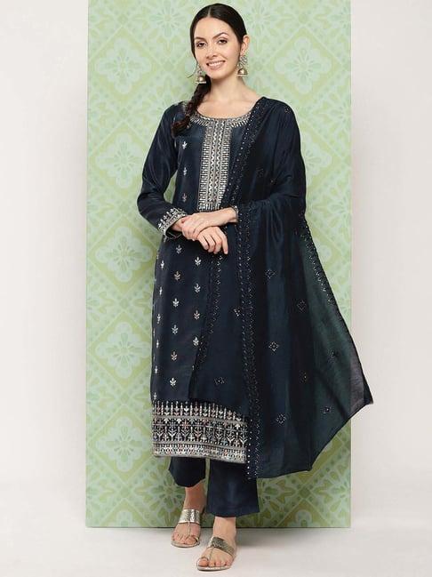 libas navy embroidered kurta pant set with dupatta