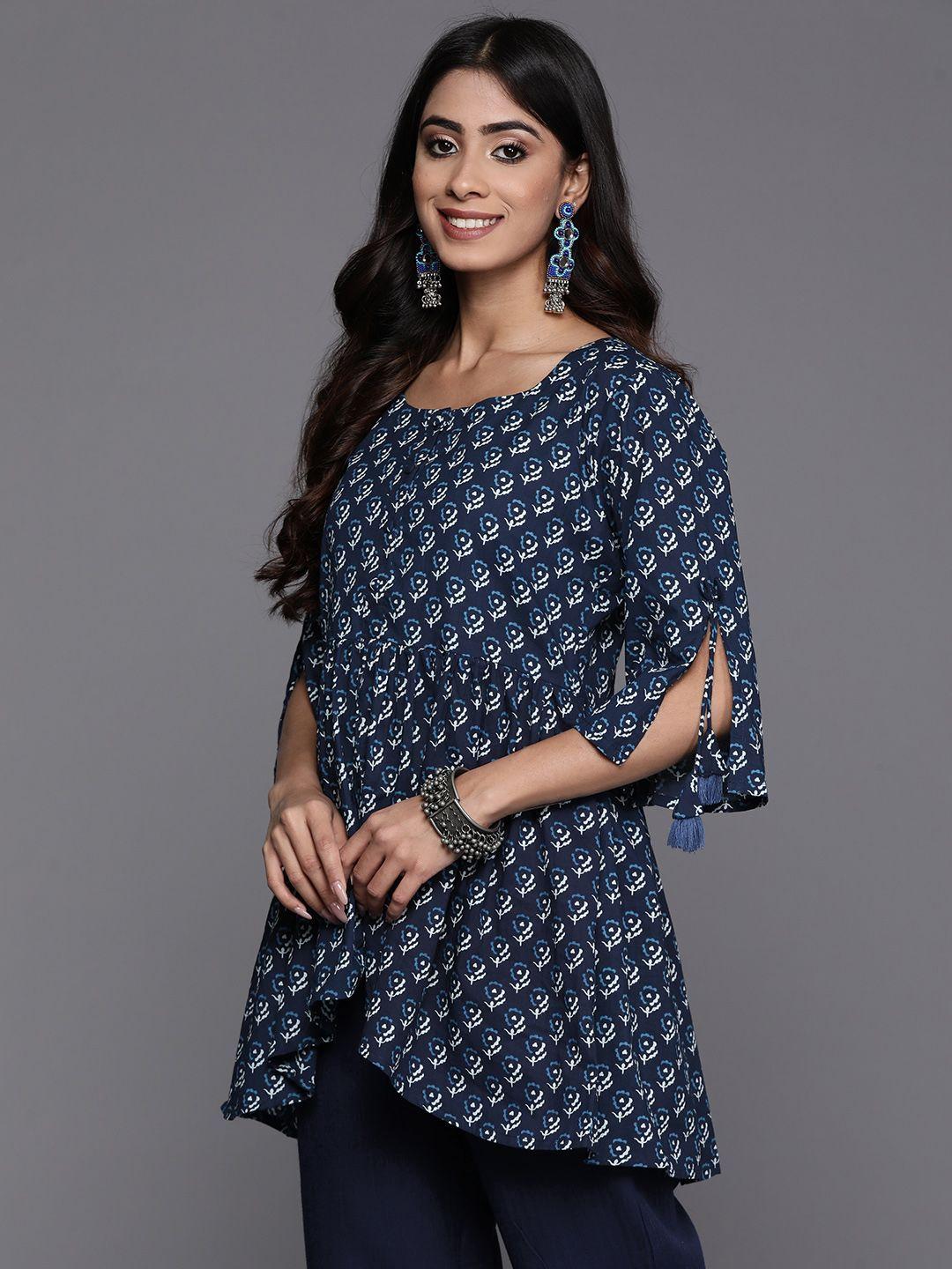 libas navy floral printed flared sleeves pure cotton pleated kurti