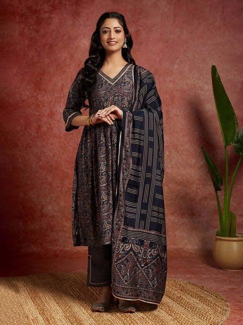 libas navy printed kurta & pant set with dupatta