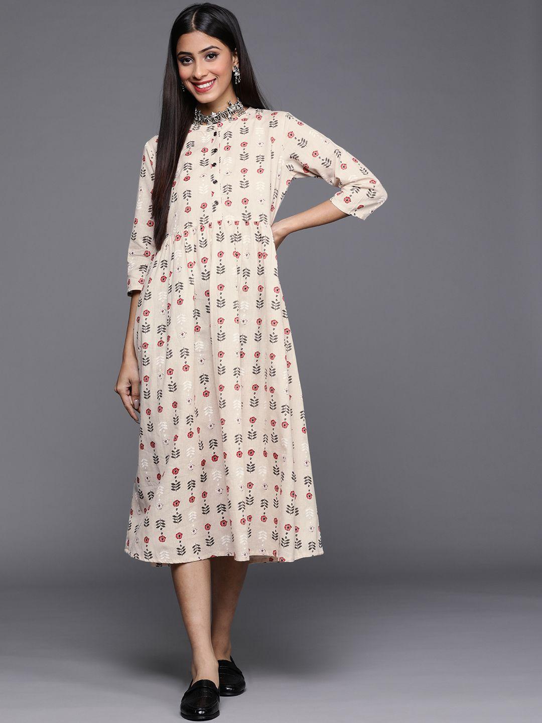 libas off white & black floral print cotton midi fit and flare dress