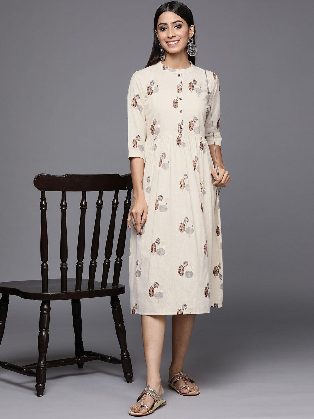 libas off white & coffee brown printed cotton ethnic midi dress