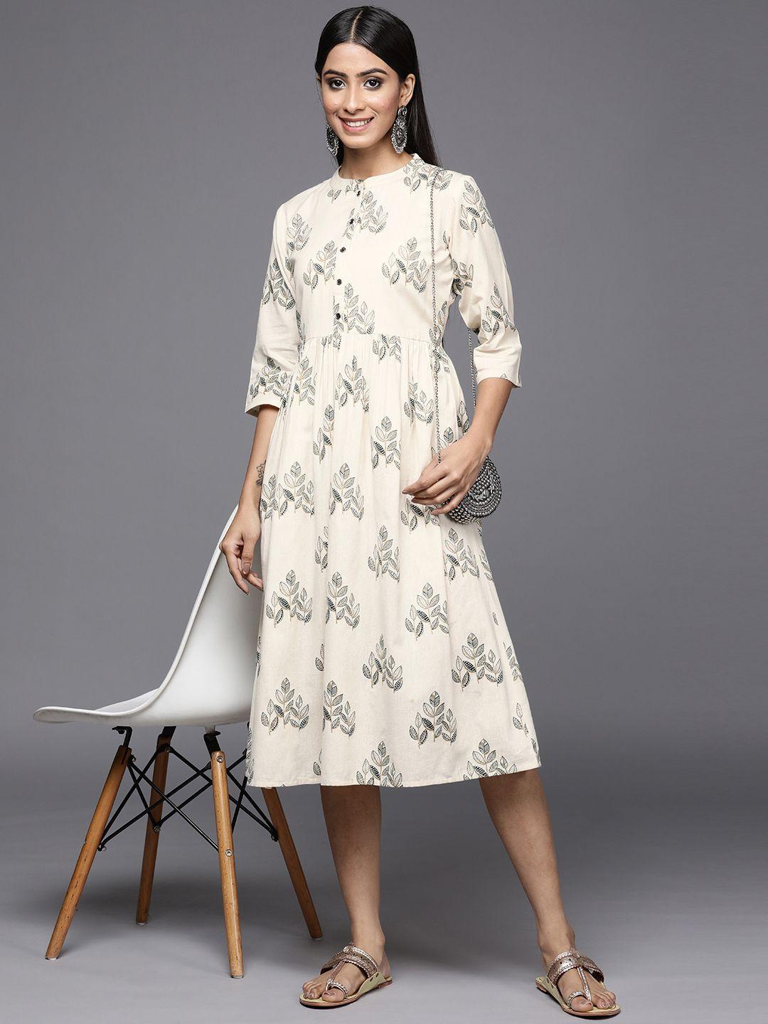 libas off white & green printed cotton ethnic midi dress