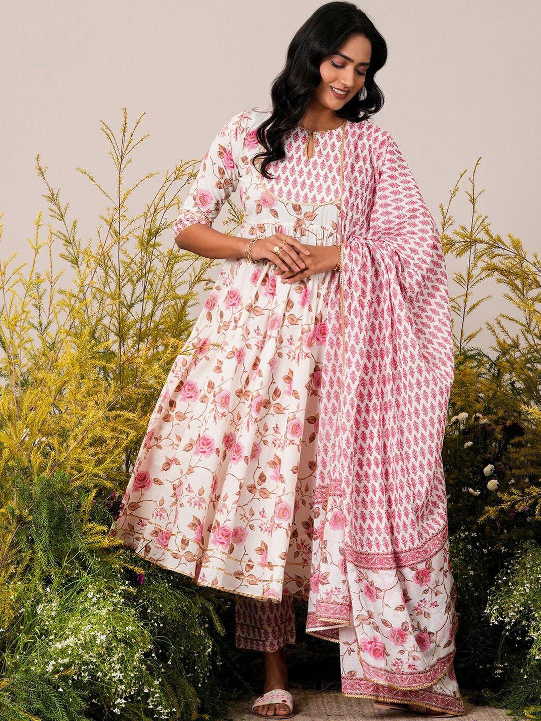 libas off white floral printed flared pure cotton anarkali kurta with palazzo & dupatta