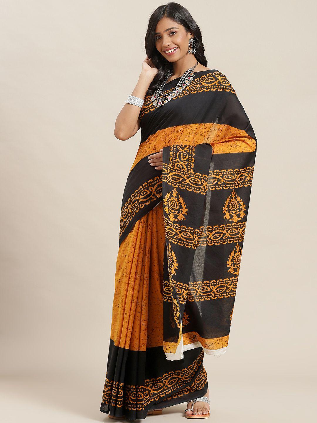 libas orange & black pure cotton saree