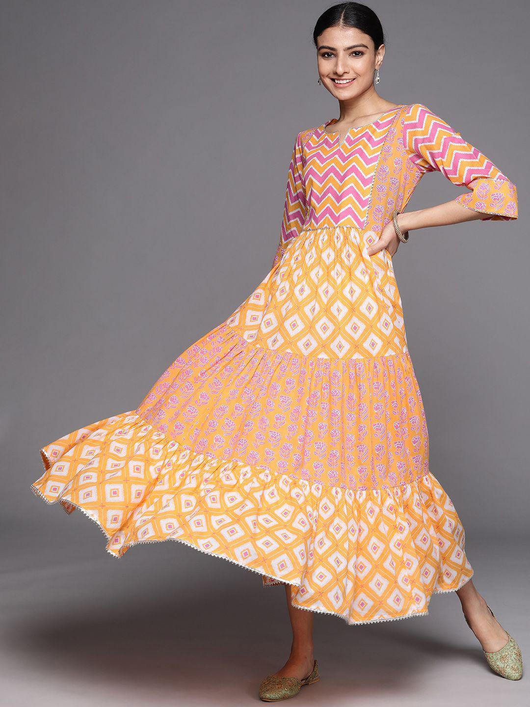 libas orange ethnic motifs a-line maxi cotton dress