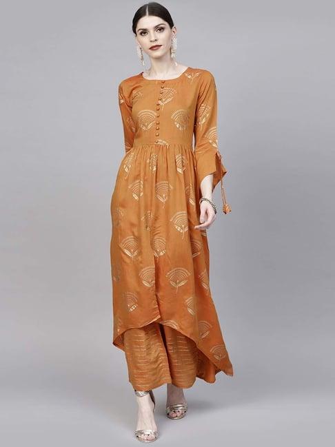 libas orange floral print kurti palazzo set