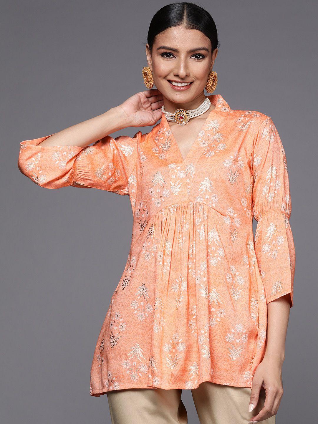 libas orange floral printed v-neck kurti