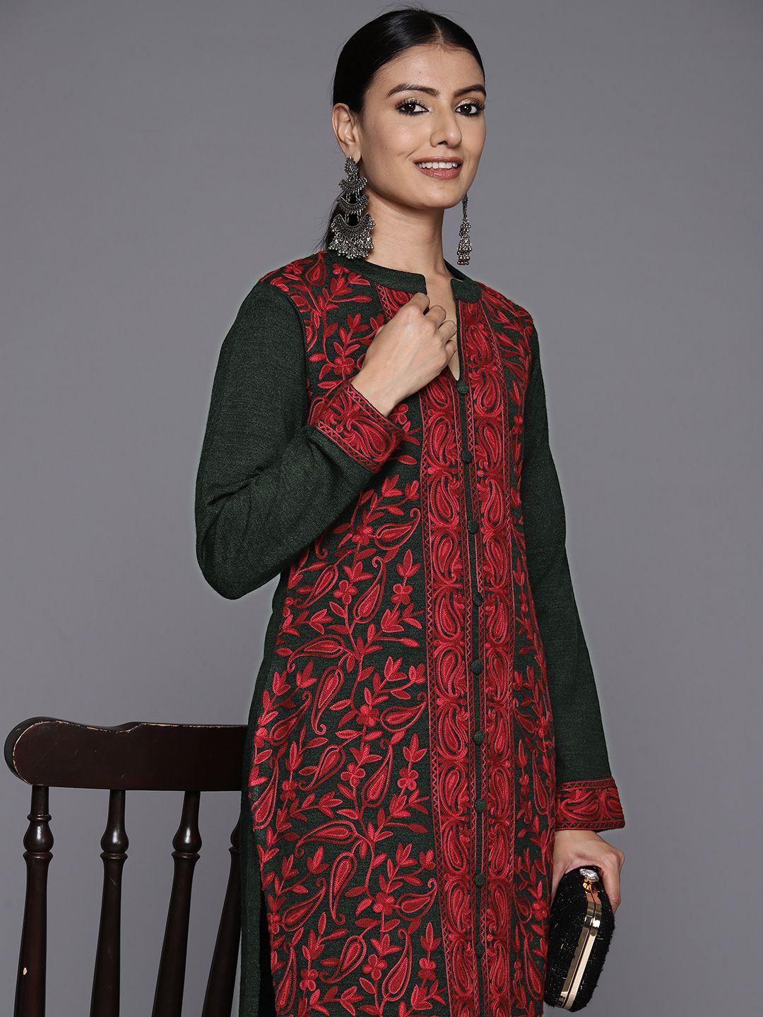 libas paisley embroidered regular thread work pure wool kurta with trousers