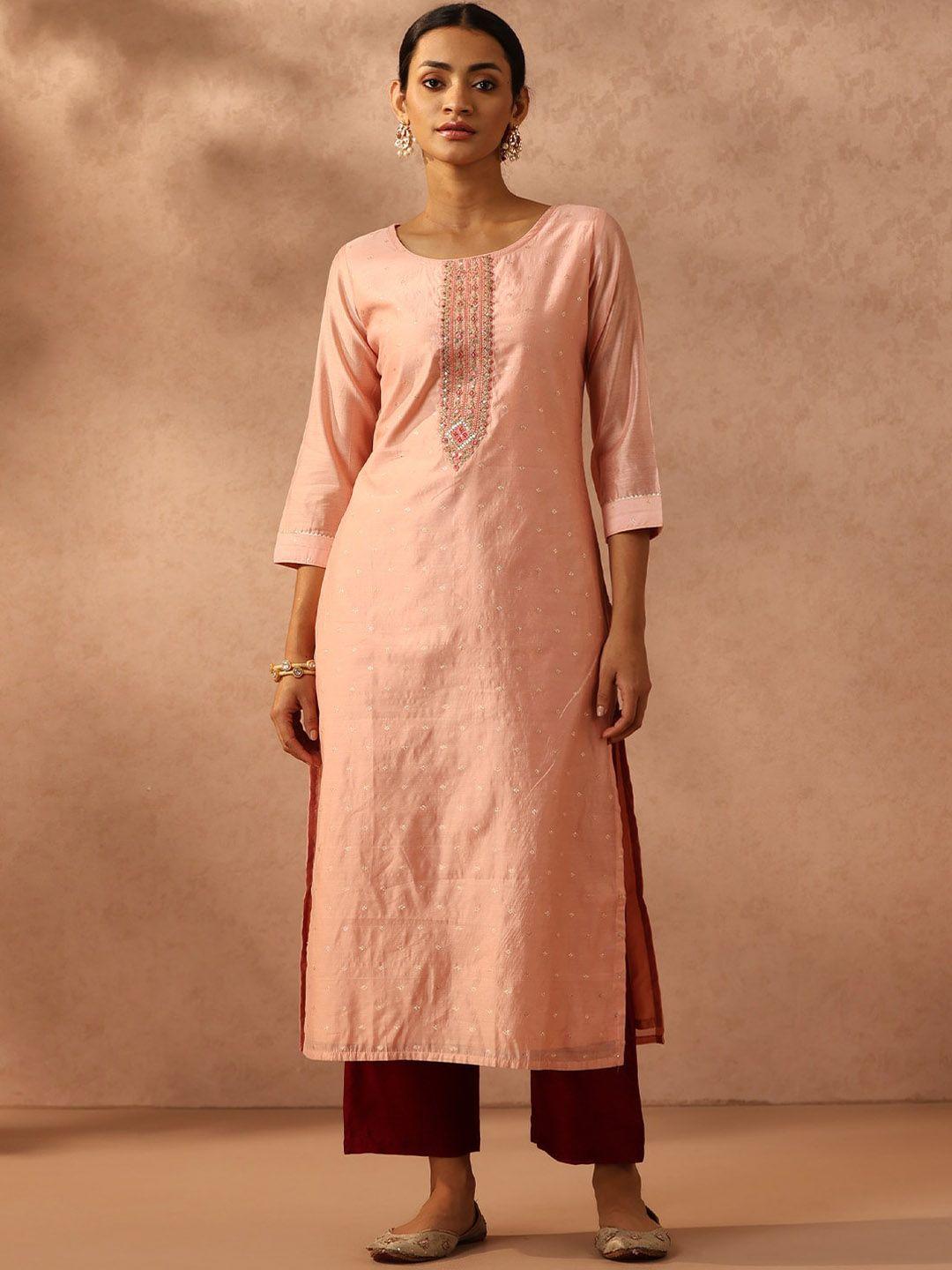 libas peach-coloured thread work chanderi silk straight kurta