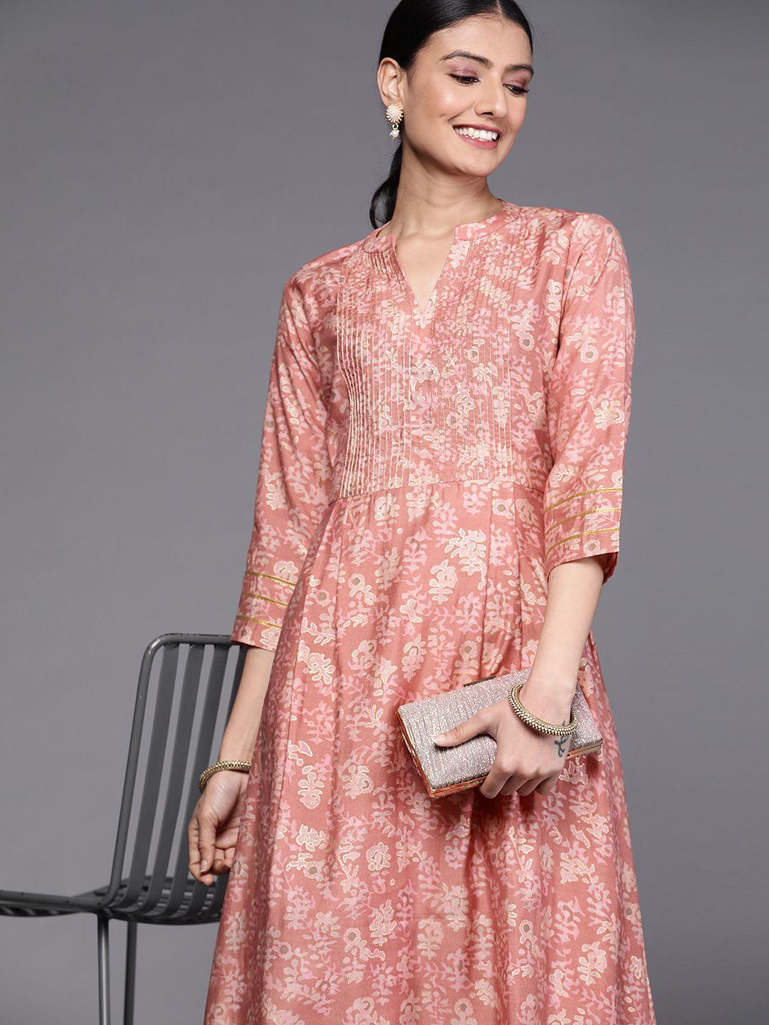 libas pink & beige ethnic print a-line midi dress