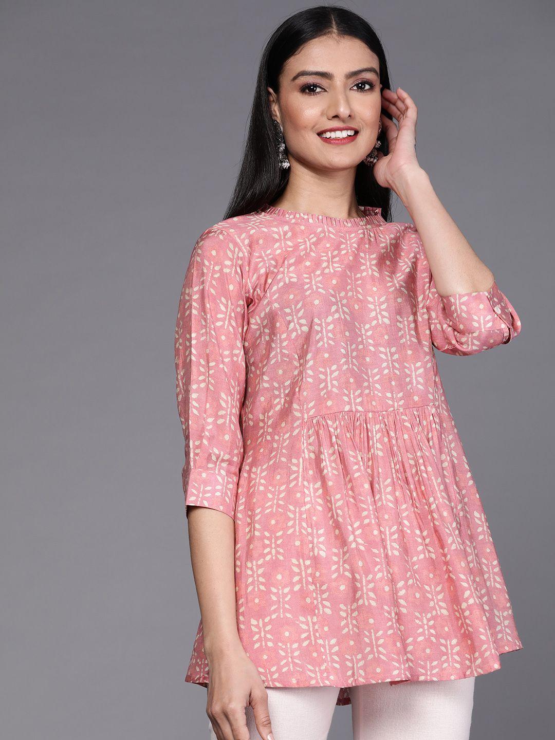 libas pink & beige ethnic printed pleated kurti