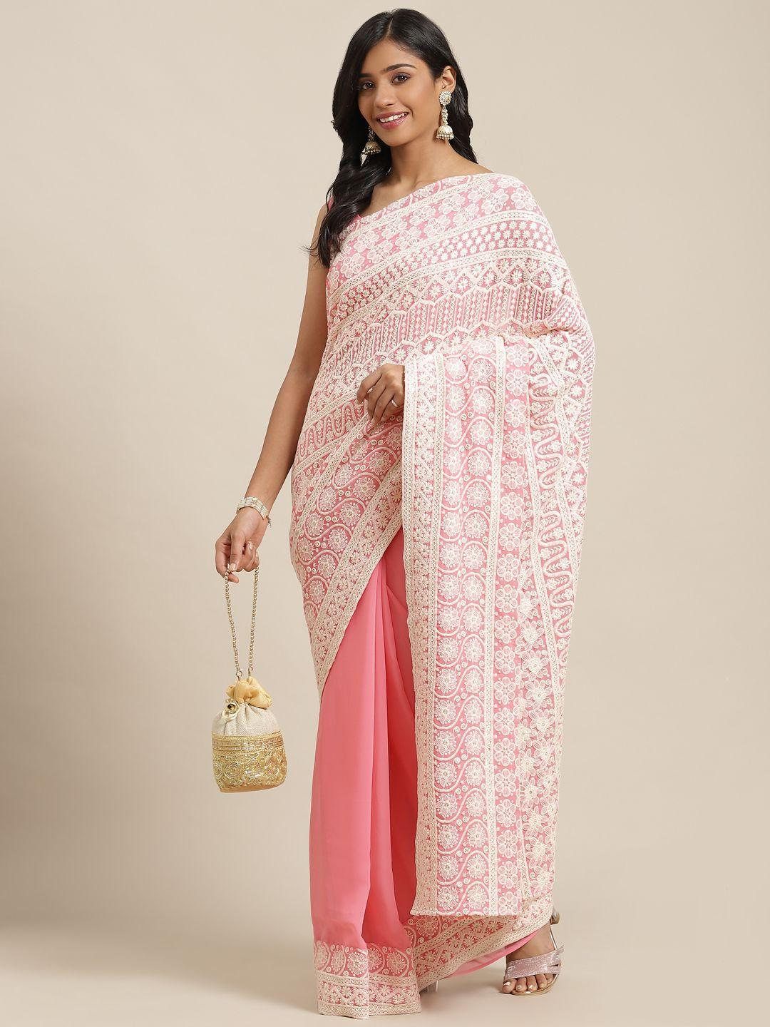 libas pink & white floral embroidered pure georgette saree