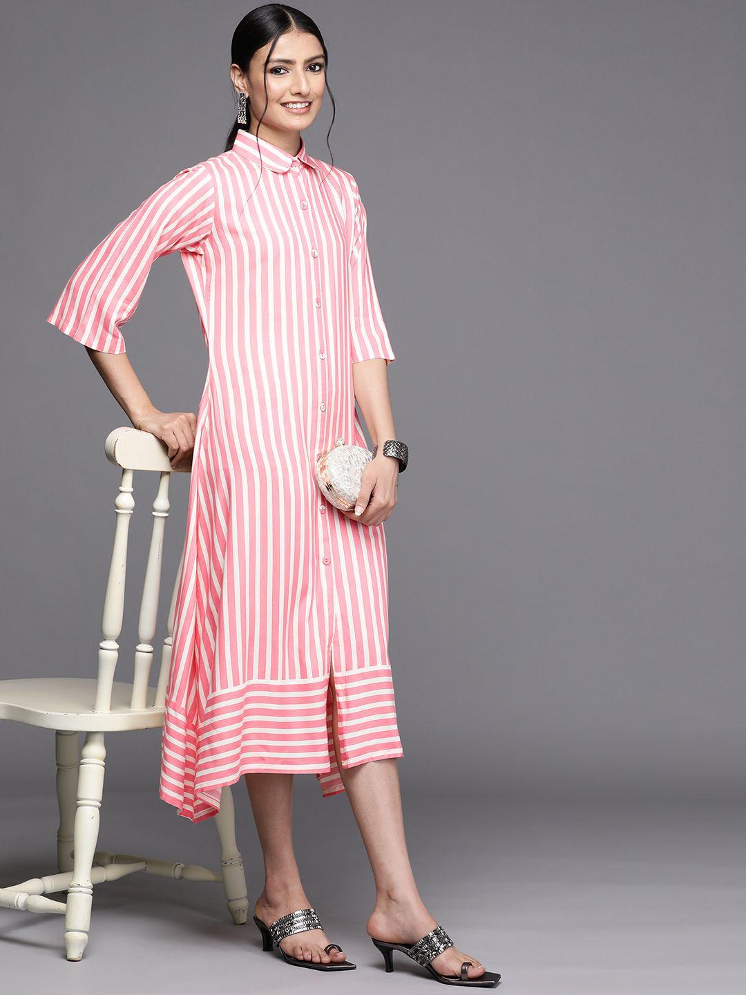 libas pink & white striped midi shirt dress