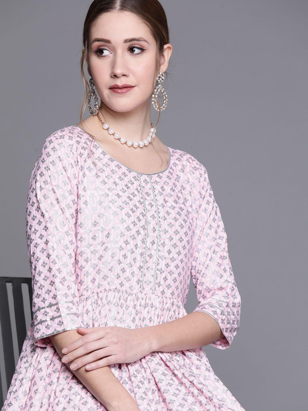libas pink cotton printed  fit and flared dress