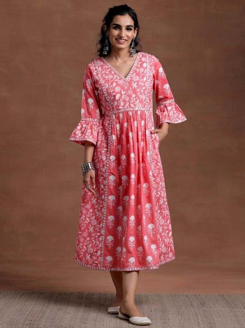 libas pink cotton printed a-line dress