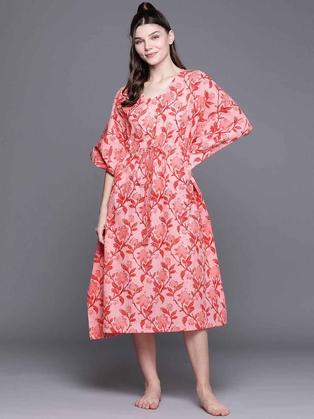 libas pink cotton printed kaftan night dress