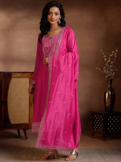 libas pink embroidered kurta & pant set with dupatta