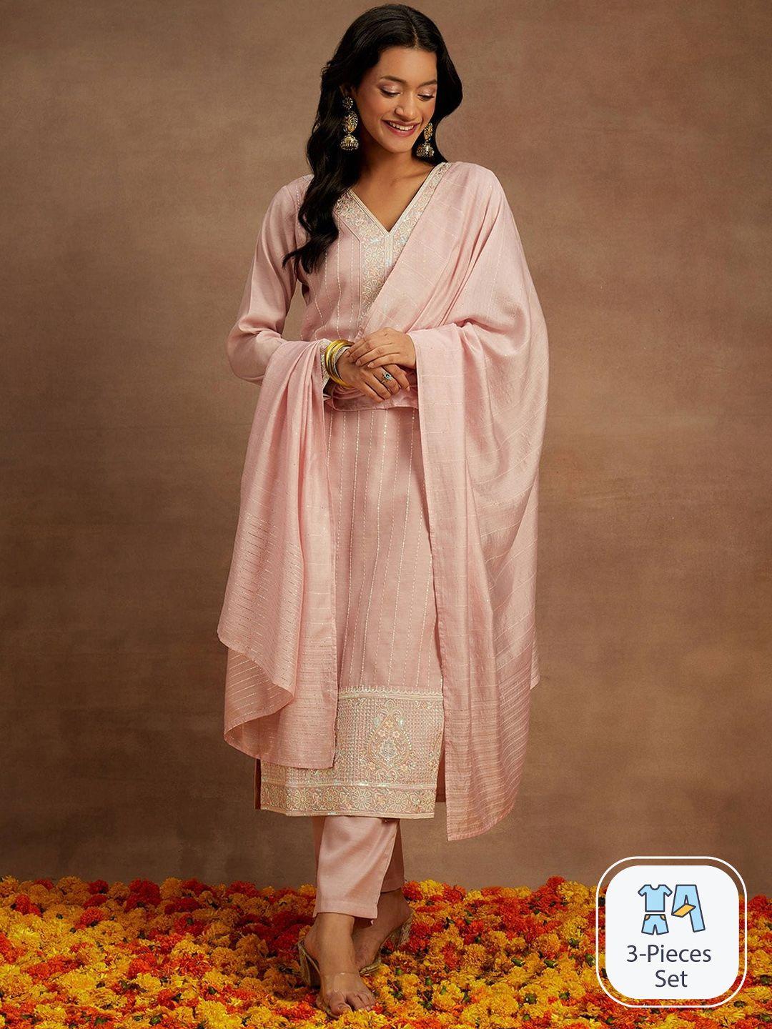 libas pink embroidered v-neck thread work pure silk kurta with trousers & with dupatta