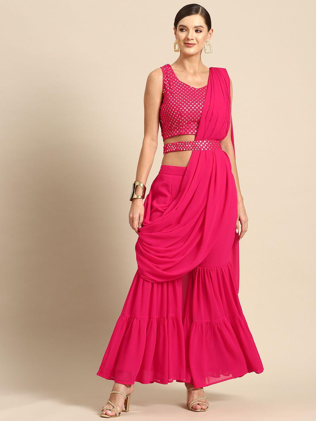 libas pink pure georgette ready to wear palazzo saree with belt