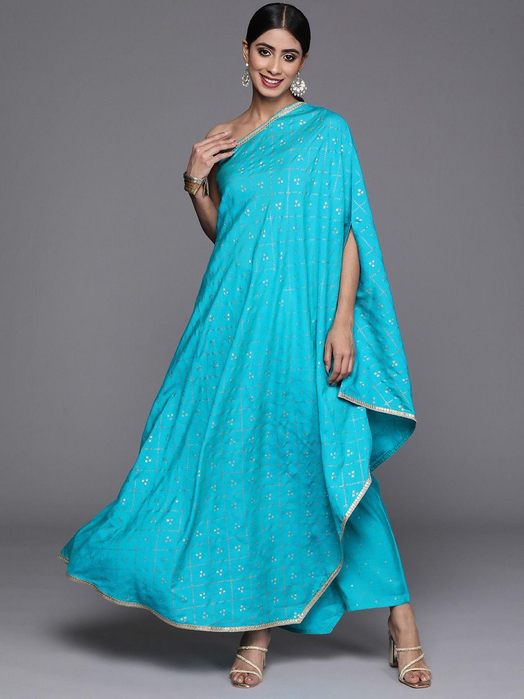 libas printed sequinned one shoulder kaftan fusion kurta with trousers