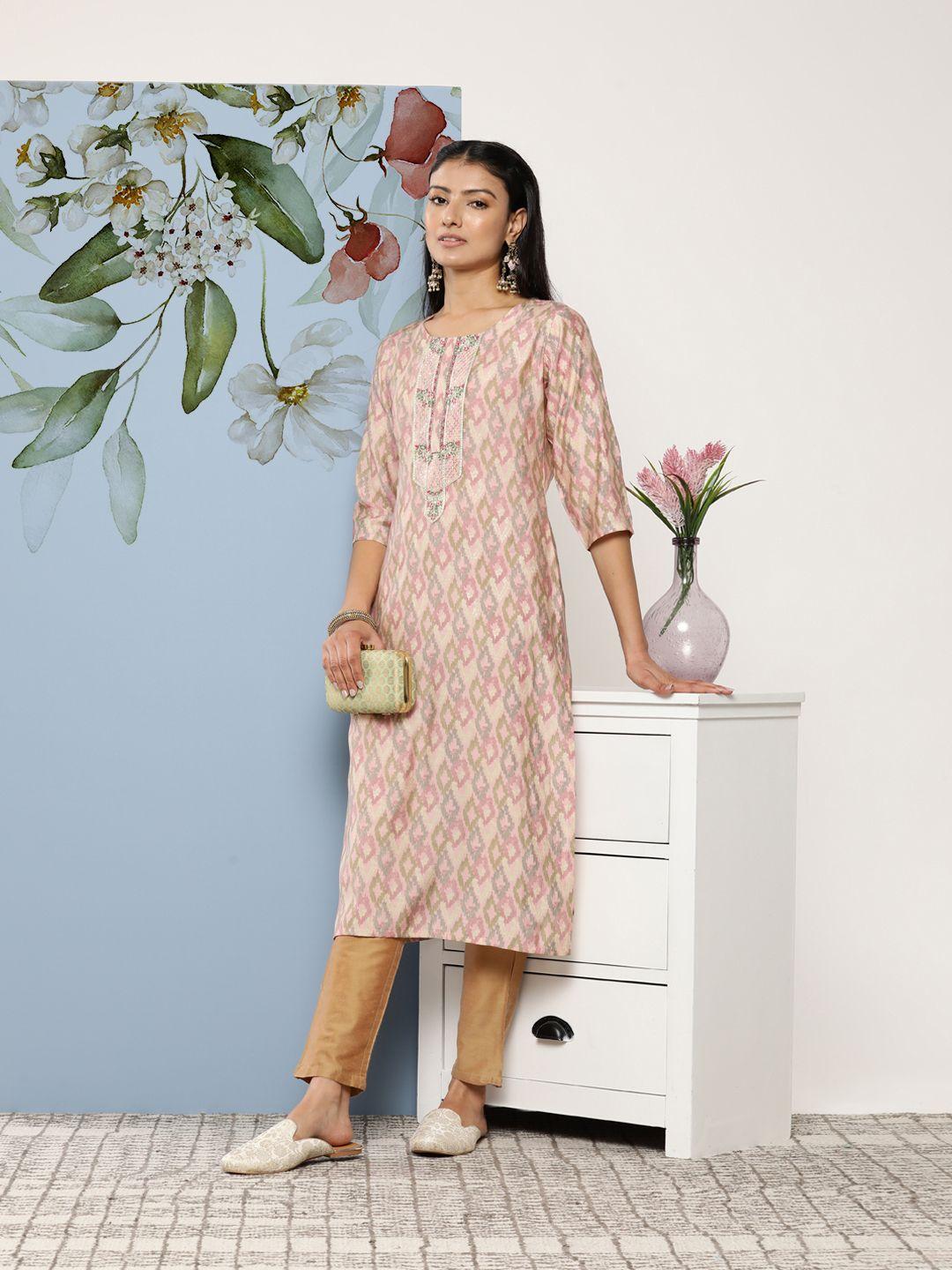 libas printed thread work pastel kurta