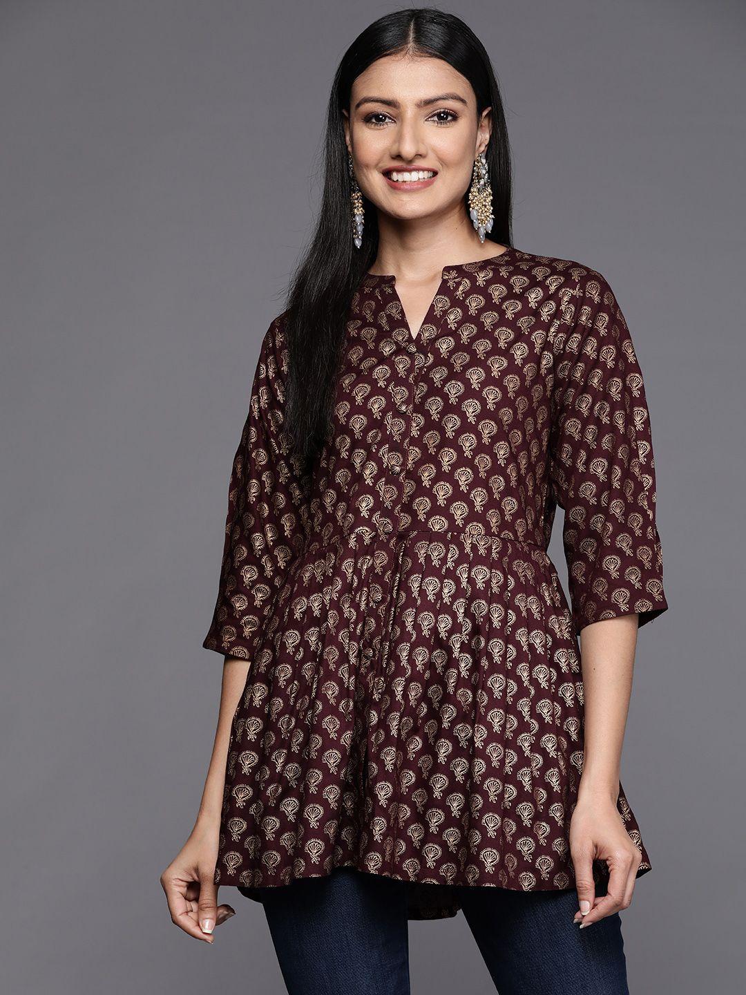 libas purple & golden ethnic motifs printed pleated kurti