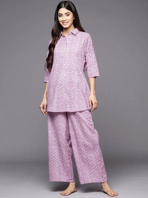 libas purple cotton printed tunic and pyjamas set