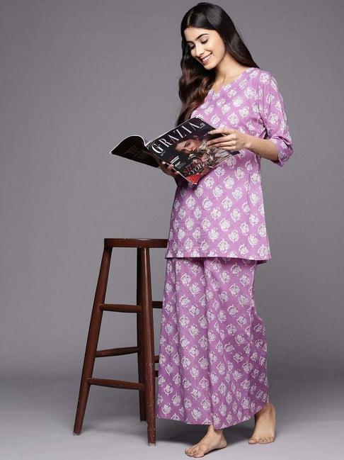 libas purple cotton printed tunic pyjamas set