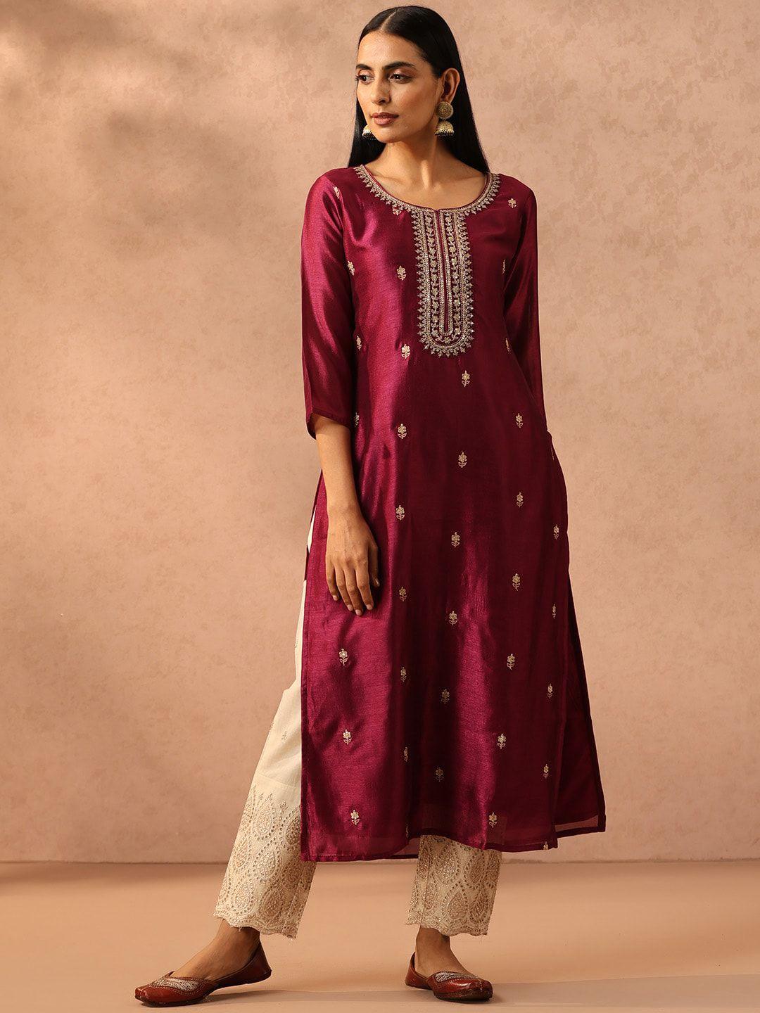 libas purple ethnic motifs embroidered zari work straight kurta