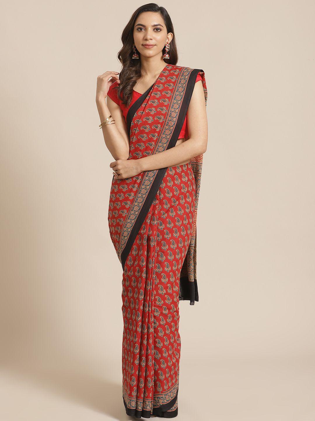 libas red & black pure cotton printed saree