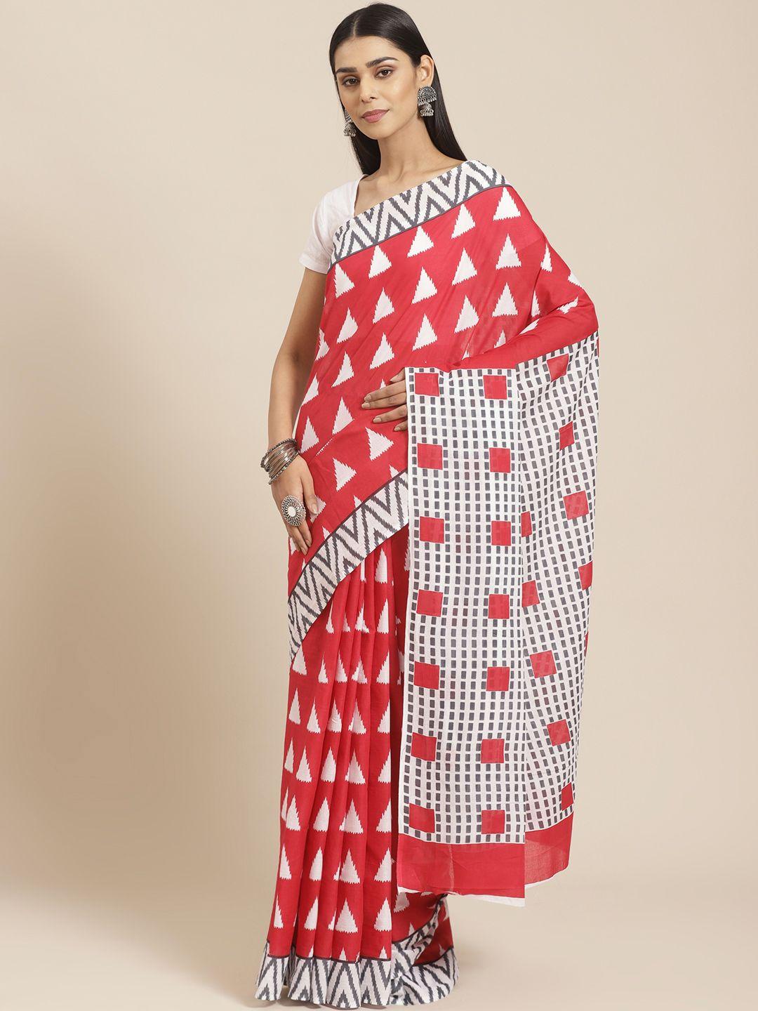 libas red & white pure cotton geometric print saree