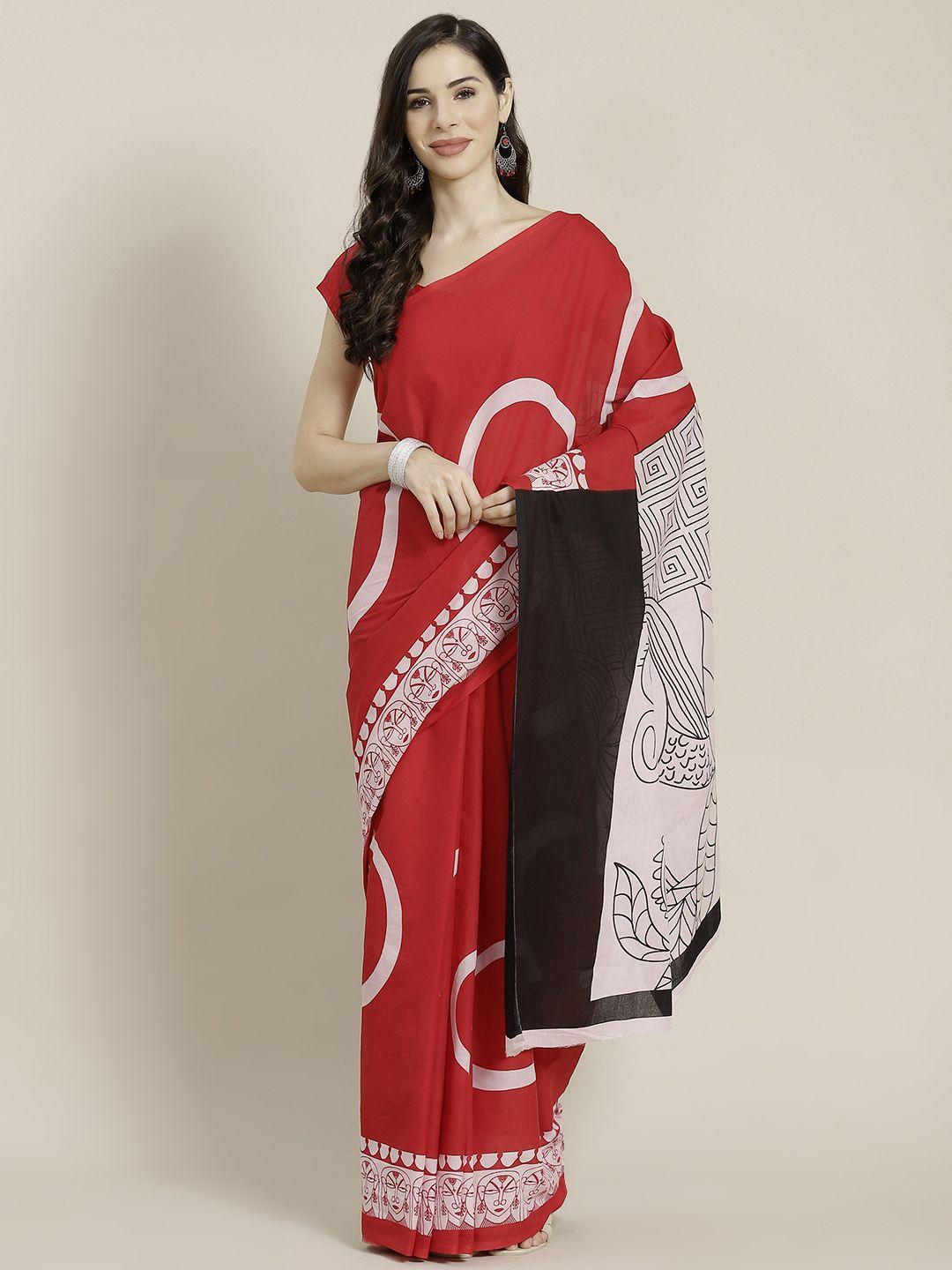 libas red & white pure cotton saree