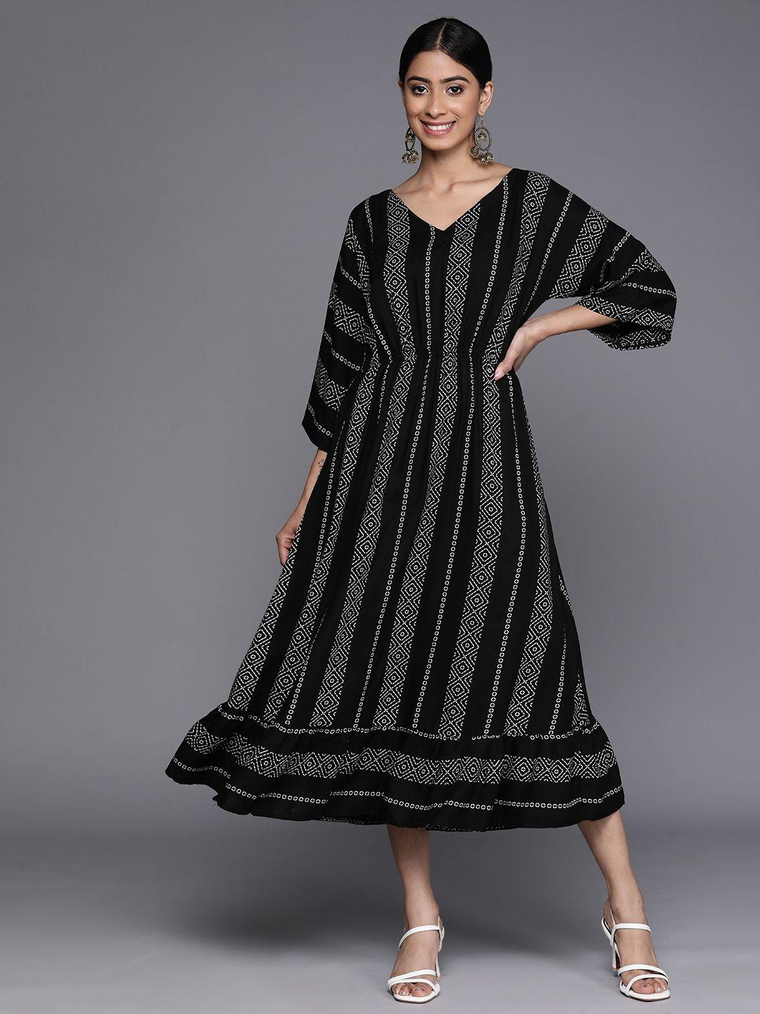 libas striped flared sleeve ruffled fit & flare midi dress