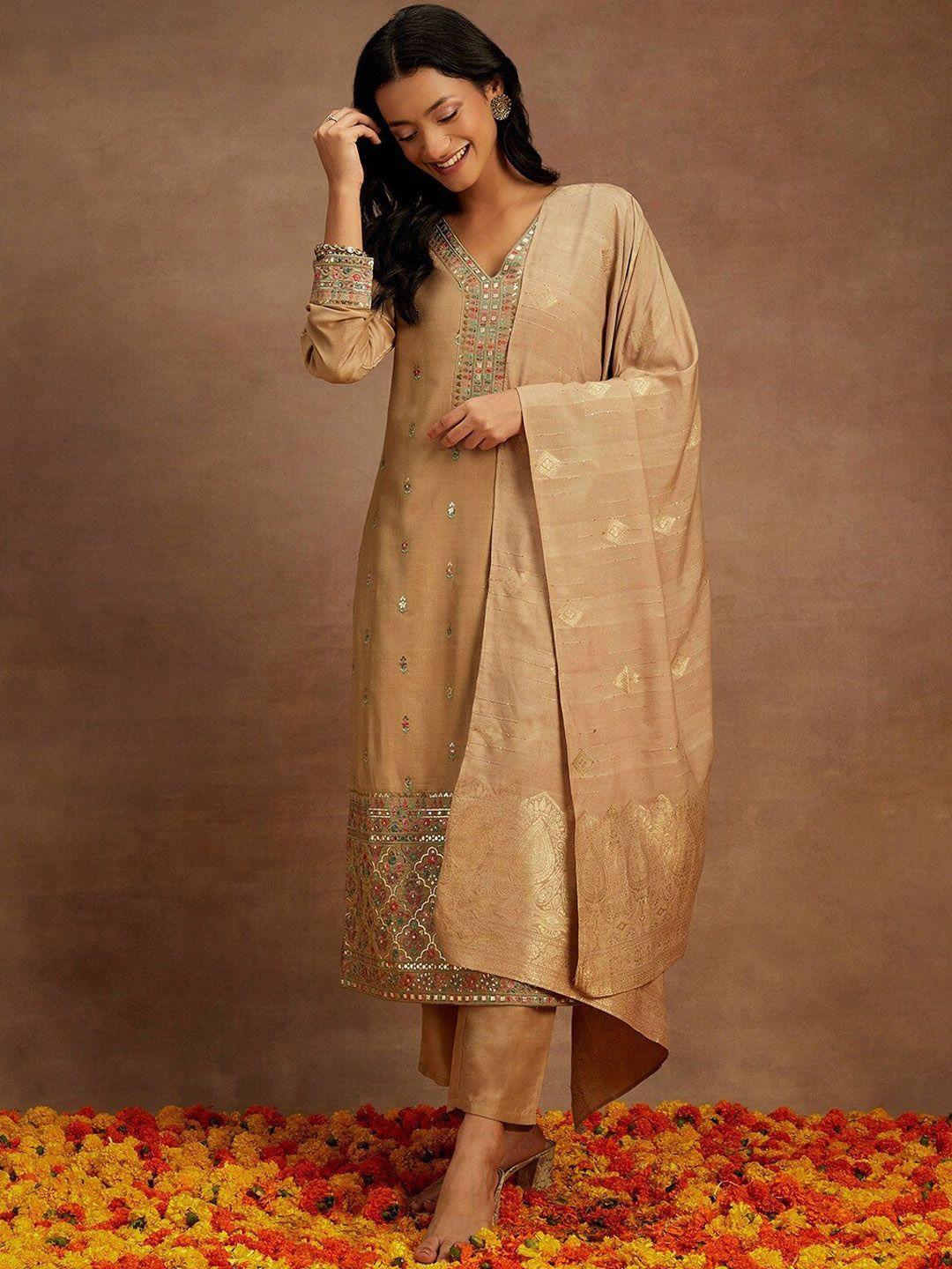 libas tan coloured floral embroidered v-neck pure silk kurta with trousers & dupatta