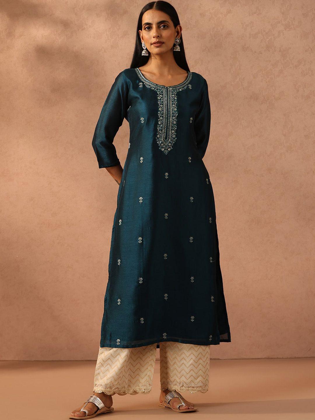 libas teal blue ethnic motifs embroidered kurta