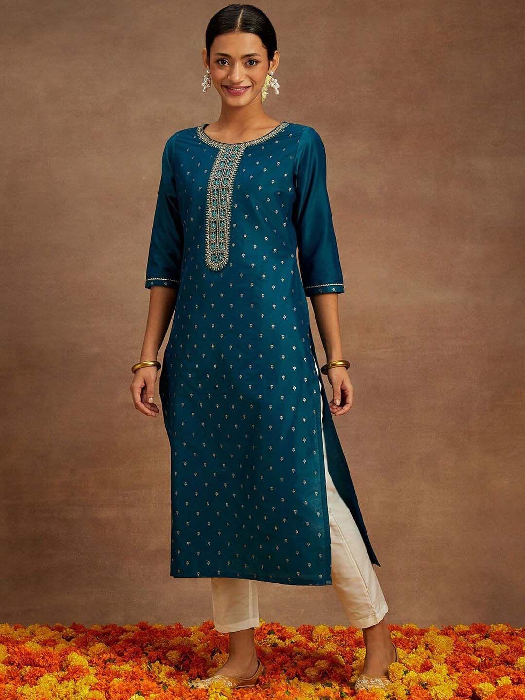 libas teal blue floral embroidered round neck sequin chanderi silk straight kurta