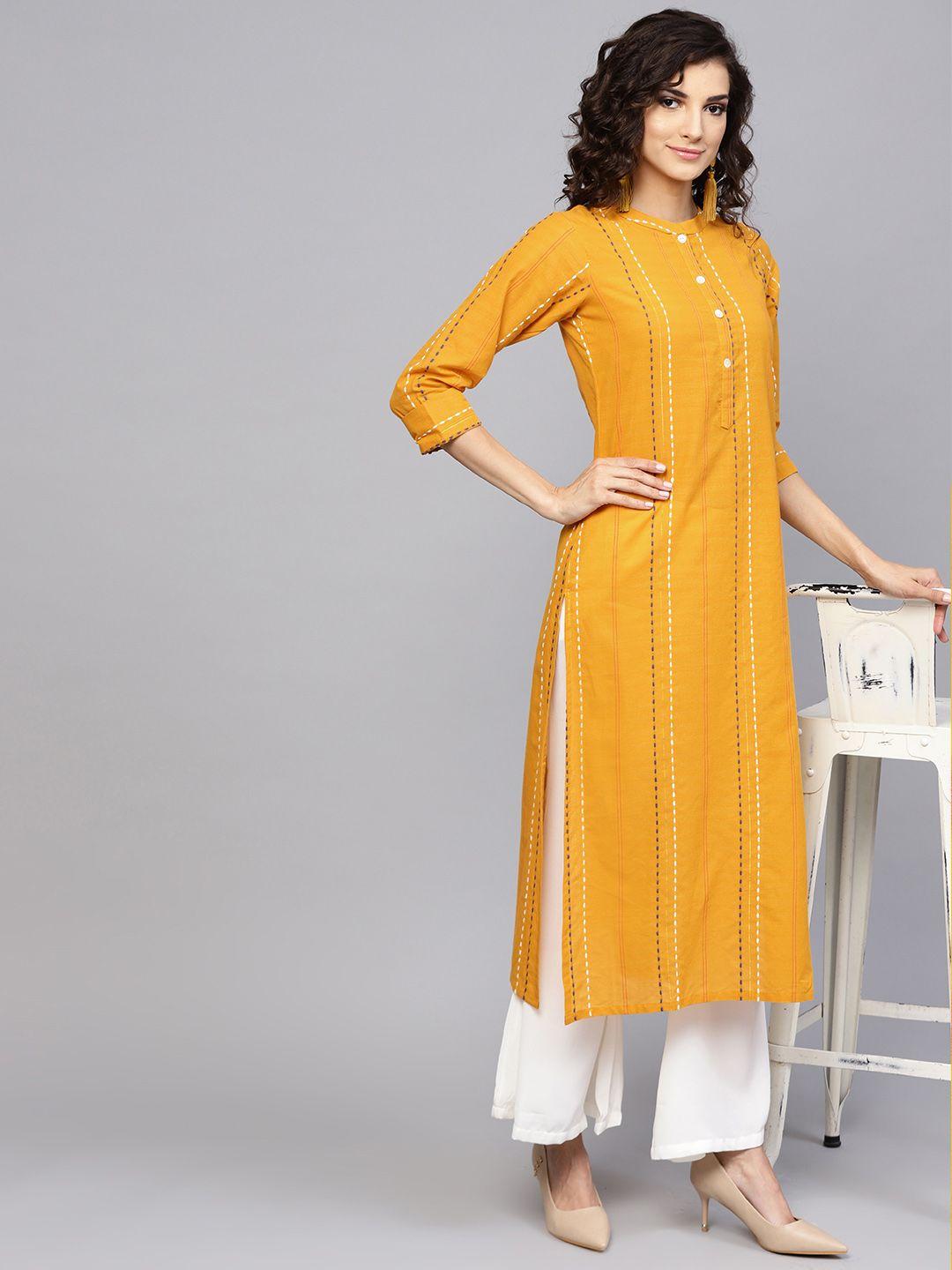 libas thread work detailed straight kurta in mustard yellow